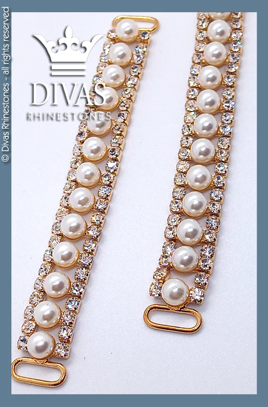 Nail rhinestone dash designs-Gold Strap Connectors with Ivory Pearls