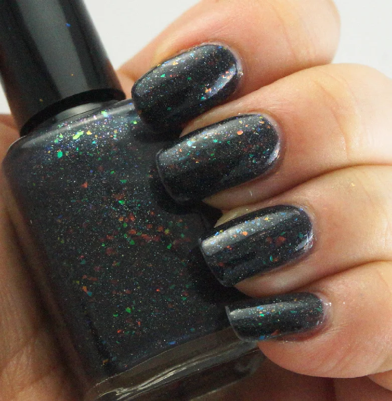 nail polish plot flourish-Rainbow in the Dark - OG UP - black rainbow colorshifting flakie, linear holographic