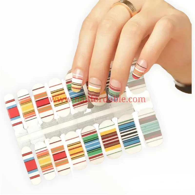 nail repair with overlay-layer gel-Multicolor lines - french tips