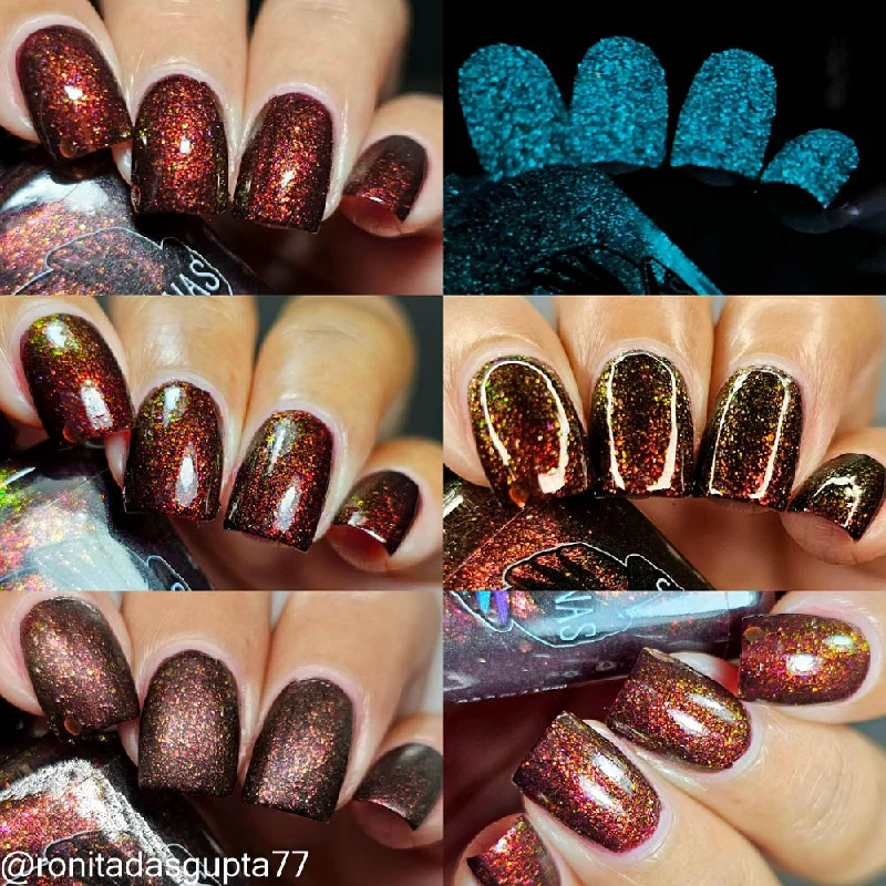 nail polish crumble stone-Splintered Sunlight - brown/deep maroon base - shimmer mix (w/ Auroras) - glow in the dark - matte