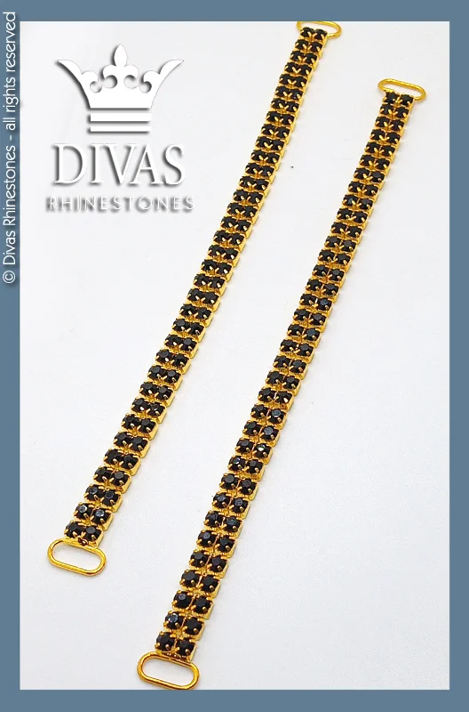 Nail rhinestone mild hues-Black Double Row Slim Bottom Connectors in gold alloy casing - 16cm / 2 pieces