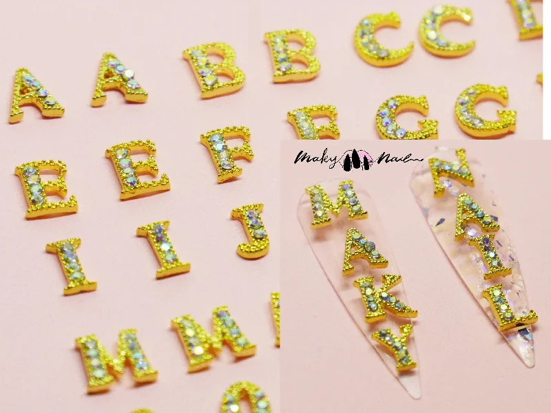 Nail art decoration gate-2 pcs A-Z English Letters Gold 3D Metallic Rhinestone nail studs /AB stone nail art charm