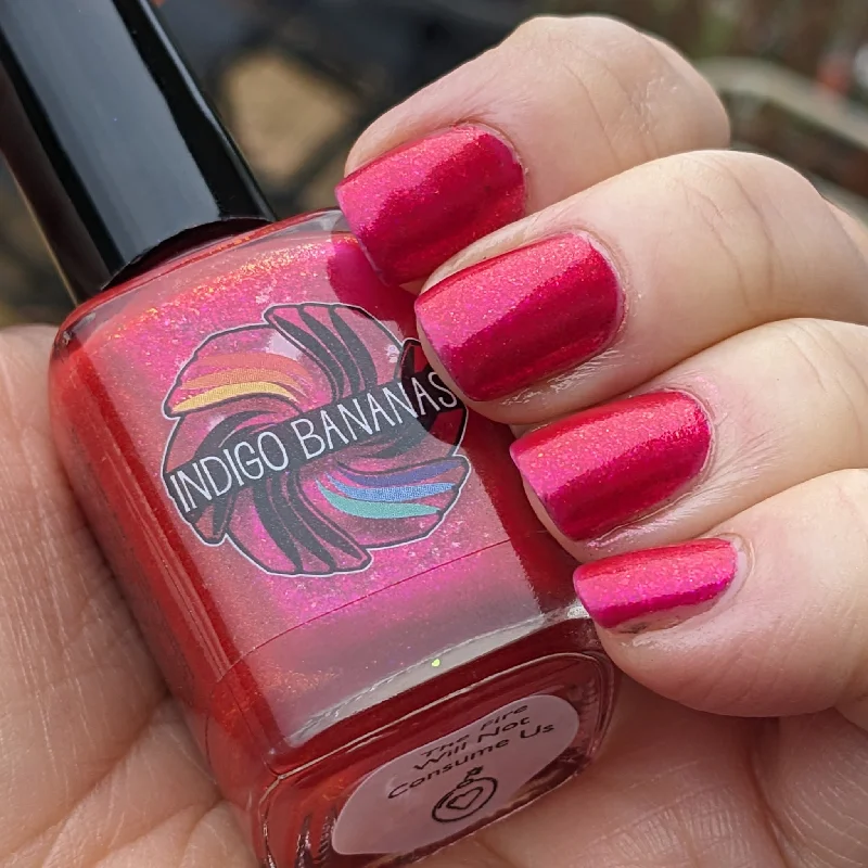 nail polish tint light-The Fire Will Not Consume Us - Red w/ Pink to Gold Aurora shimmer