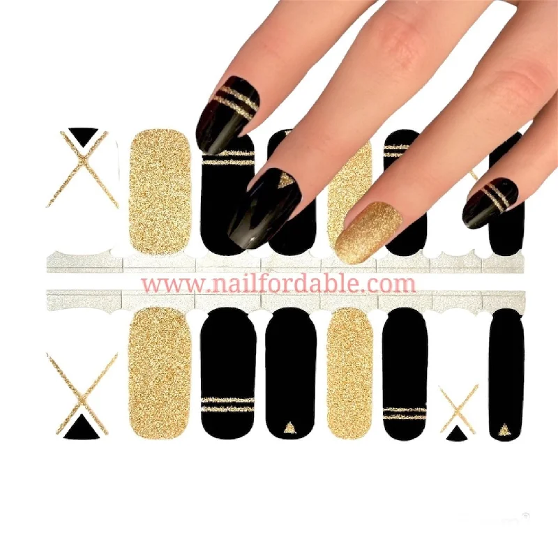 nail repair with twinkling polish-Black geometric (partial overlay)