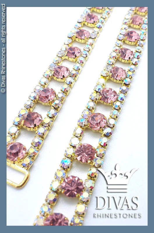 Nail rhinestone rare spins-Gold Strap Connectors with Pink Stones