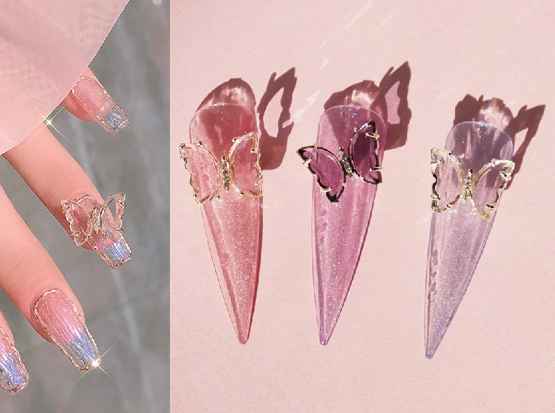 Nail art decoration toot-14k gold plated Butterfly 3D Zircon Crystal Nail Ornament Decal/ Clear Pink Butterfly Instagram Influencer Nail Jewelry Fairy Tale Nail Art