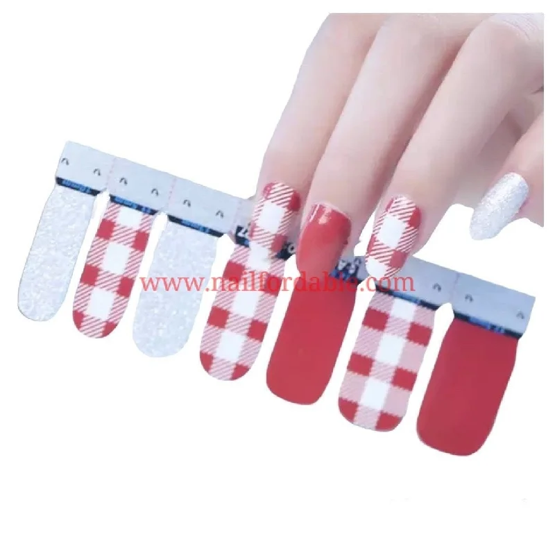 nail repair with shine-rich gel-Silver-red-plaid