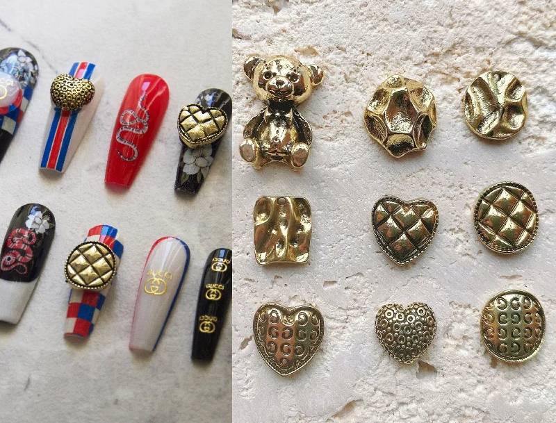 Nail art decoration prickly-9 pcs 3D Antique Vintage Punk Teddy bear nail decoration/ Bronze Metallic Heart Shaped Decal Nail DIY deco