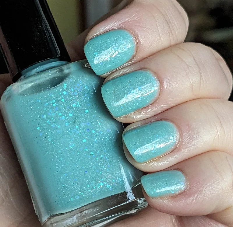 nail polish swing glide-Sea Country - aquamarine jelly & holo & iridescent glitter - March 2024 Polished Jewel Society custom